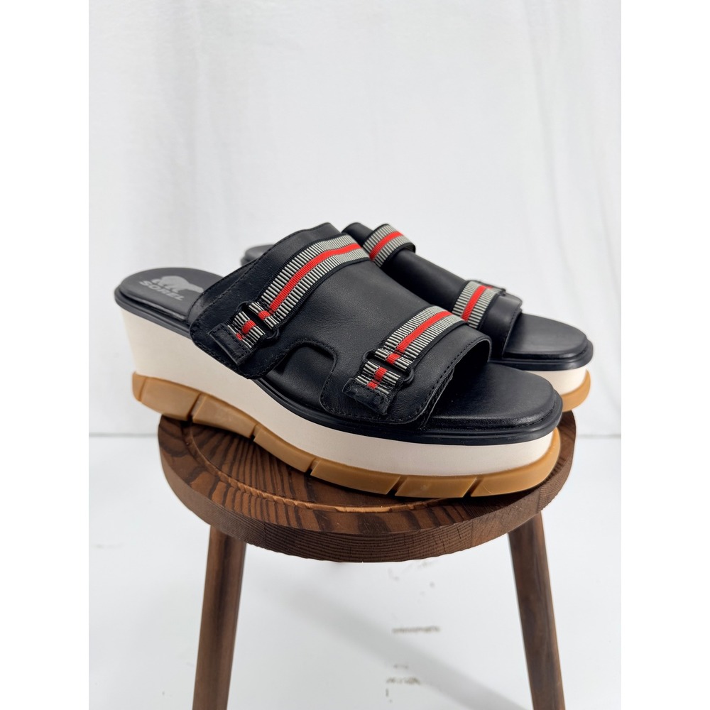 NWOB Sorel Joanie III Slide Sandals Black Red 12 Wedge Heel Chunky Open Toe